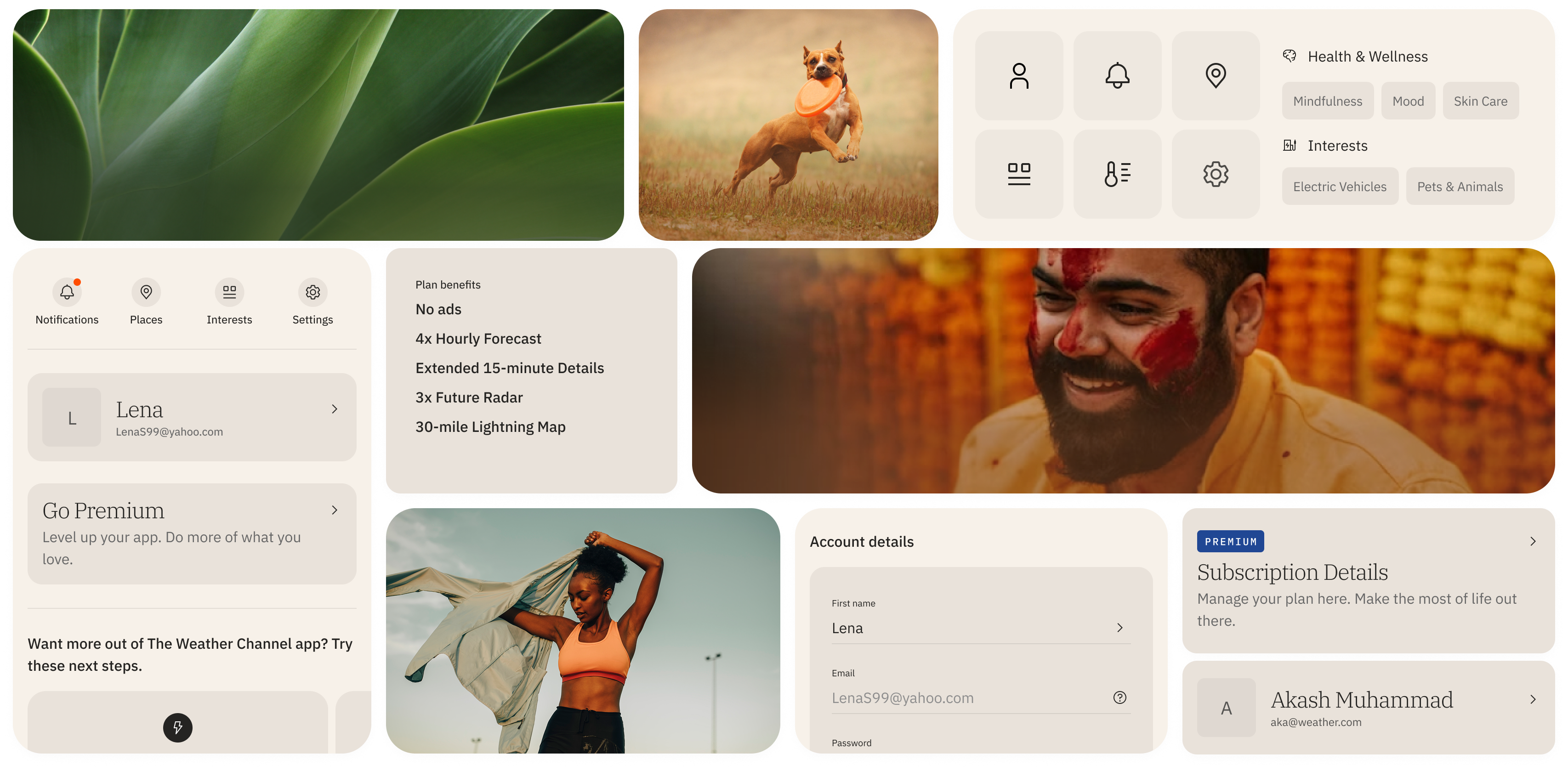 Assembly of images from branded imagery to UI elements as part of the profile, registration and personalization aspect of the redesign.
