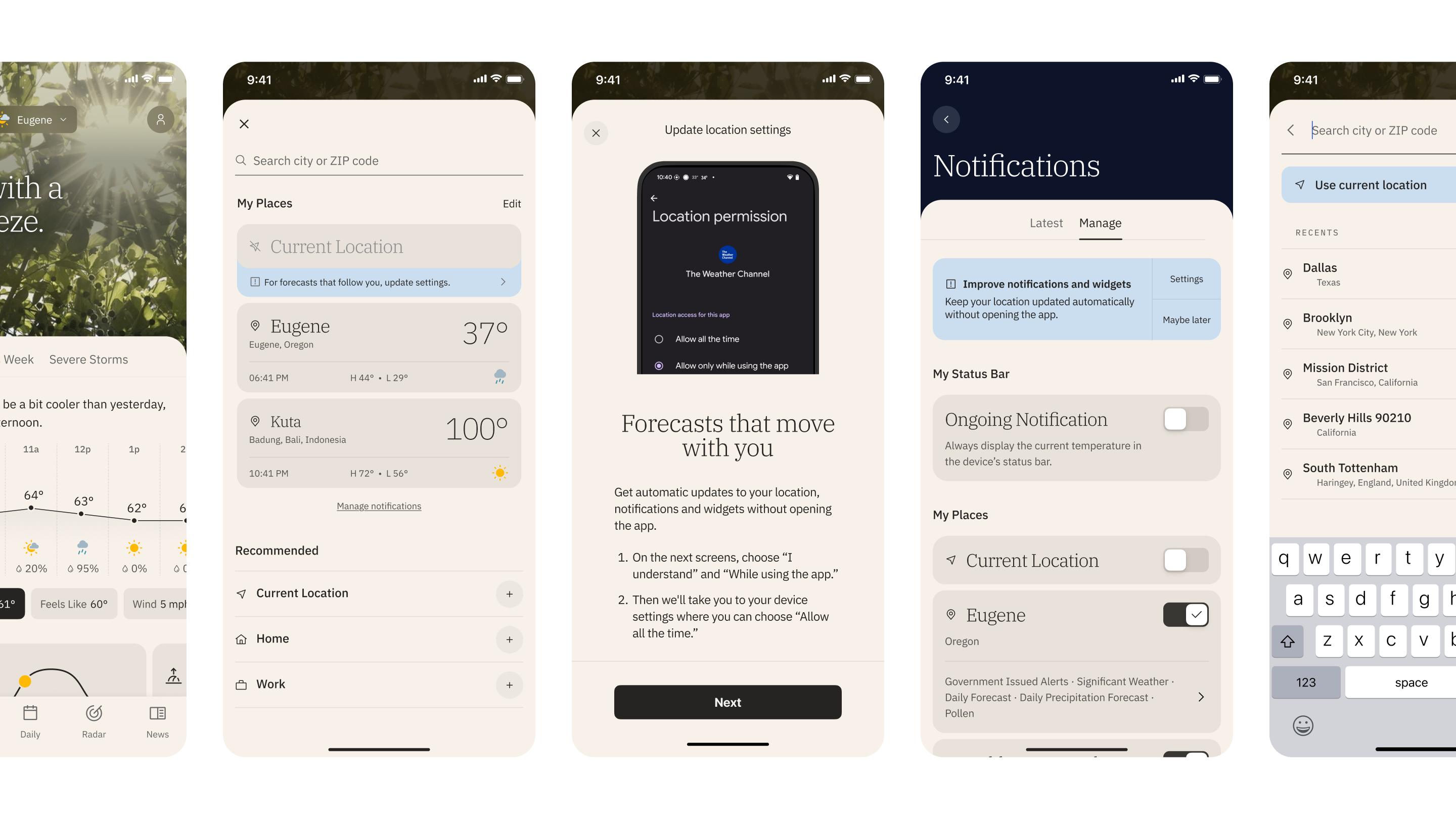five high fidelity compositions illustrating the in-app touchpoints for permissions priming. 